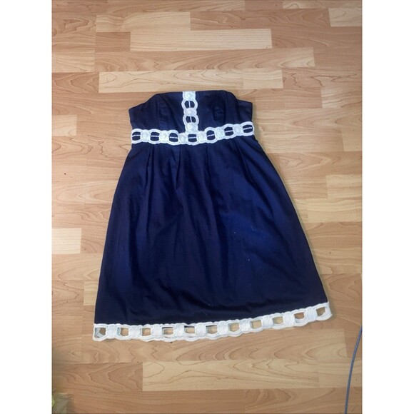 Lilly Pulitzer Navy Blue Strapless Dress Sz 0 White Trim Lined  Resort Cocktail - Picture 1 of 10